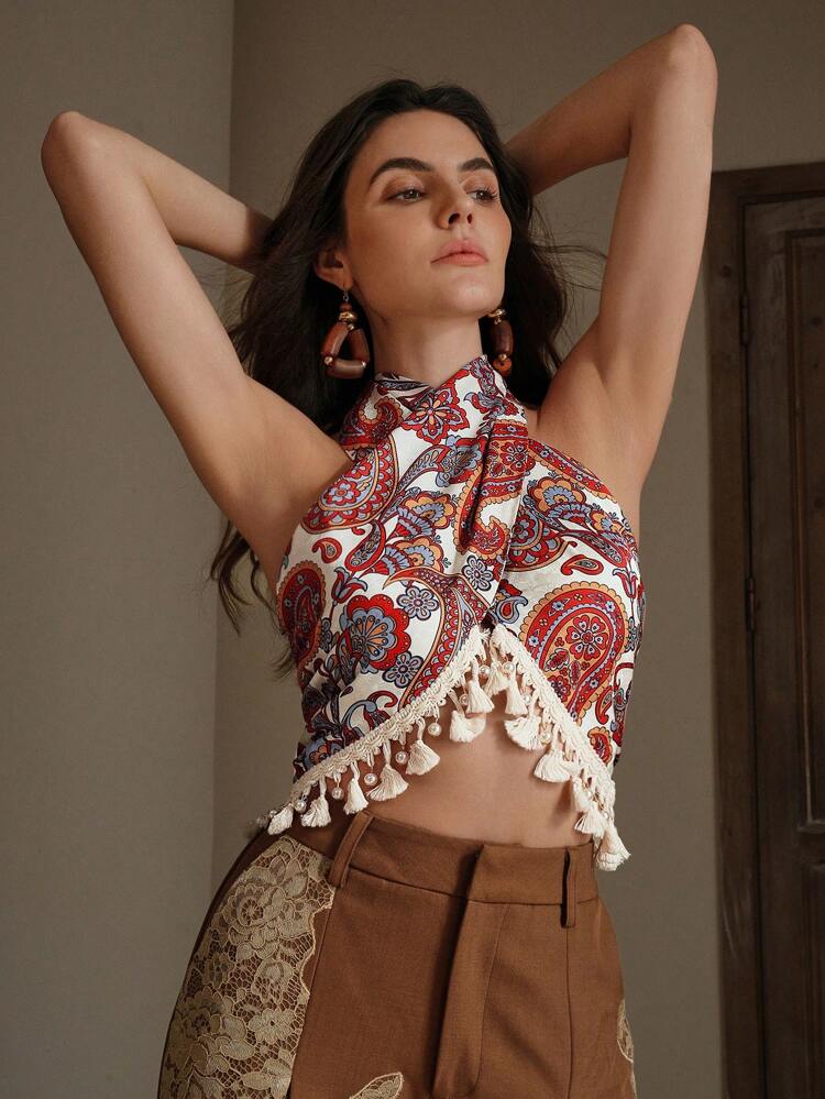 Retro Style Printed Women's Halter Backless Tassel Beach Vacation Tank Top