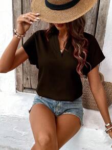 SHEIN LUNE Women's Summer Simple Solid Color Notch Collar Batwing Sleeve Blouse - Coffee Brown - View 3