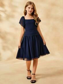 女孩优雅简约方领短袖短款衬衫搭配高腰A字裙套装 - 藏蓝色 - 查看 7