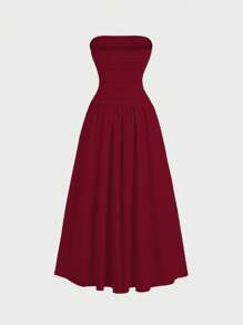 Sweetra Váy Maxi Không Tay Xếp Ly Đơn Giản Màu Trơn Thanh Lịch Kiểu Pháp Xuân/Hè Cho Nữ Mặc Thường Ngày, Ngày Lễ - Màu Đỏ Sâu - Xem 2
