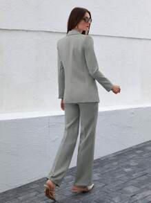 EURMUSE Women's Simple Commuter Double-Breasted Lapel Suit Blazer And Suit Pants Set - Light Grey - View 2
