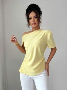 Modelyn French Style Asymmetrical Shoulder Slim Fit Blouse For Women - Yellow - View 5