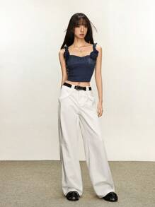 Rina Fox Pantalones vaqueros anchos informales y sueltos de color liso sin cinturón para mujer - Blanco - Ver 5