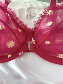 SHEIN Esselle Bộ đồ lót gợi cảm có dây thép thêu lãng mạn cỡ lớn 2 món, nâng ngực - Màu Hồng Tươi - Xem 4