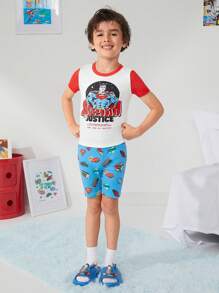 SUPERMAN X SHEIN Young Boy Casual Graphic Colorblock Short Sleeve T-Shirt And Fitted Shorts Pajama Set