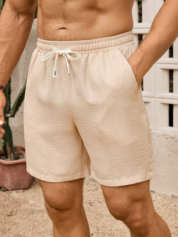 Manfinity Nomadique Pantaloni scurți de vară pentru bărbați, casual, culoare solidă, cu talie cu șnur, cu buzunar oblic, cu textură asemănătoare inului