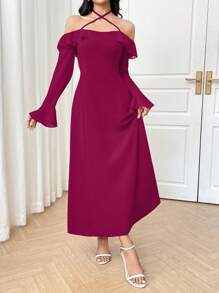Modelyn 女士露肩系带派对及婚礼修身优雅连衣裙 - 玫紅色 - 查看 5
