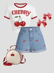 SHEIN Wildeya Pantalones cortos de mezclilla rotos con puños y bordado de cerezas para niñas, sin accesorios