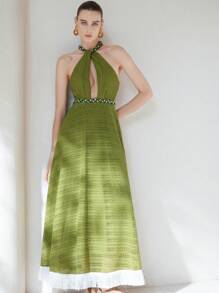 SHEIN Privé Váy suông trễ vai tua rua hở lưng hở eo sang trọng cao cấp phong cách Pháp thanh lịch cho kỳ nghỉ của phụ nữ - màu xanh lá - Xem 6