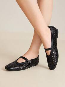 MOTF PREMIUM 镂空PU皮革芭蕾平底鞋 - 黑色 - 查看 6
