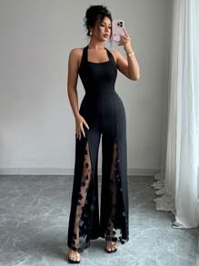 Selianne Tuta elegante da donna con fiore 3D, spalline e schiena scoperta, con spacco - nero - Visualizzare 4