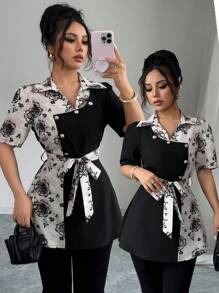 Elenzga 女式不对称撞色印花束腰衬衫 - 彩色 - 查看 1