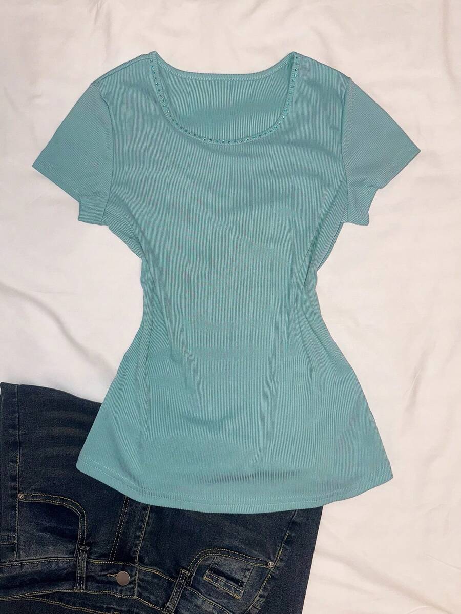 INAWLY Women's Casual Versatile Rhinestone Embellished Teal T-Shirt, Summer - Cadet Blue - View 1
