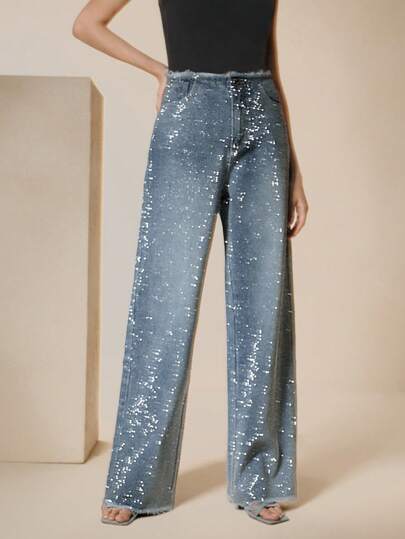 Anewsta High Stretch Rhinestone Decorated Straight Cut Frayed Hem Fashion Jeans