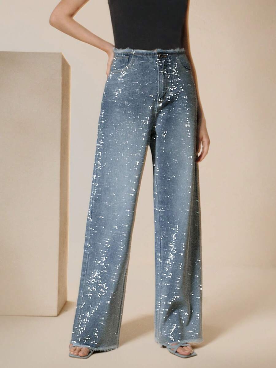 Anewsta High Stretch Rhinestone Decorated Straight Cut Frayed Hem Fashion Jeans - Blue - View 1