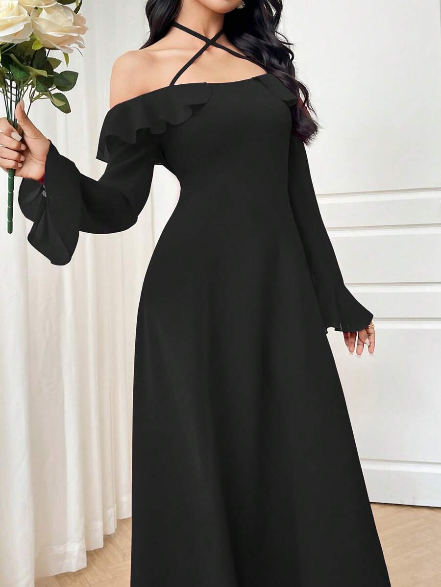 Modelyn 女士露肩系带修身派对婚纱 - 黑色 - 查看 1