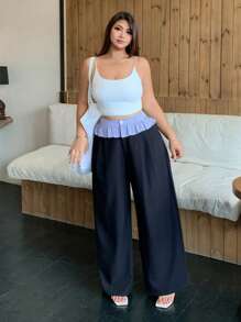 Dazy Plus Quần ống rộng ống loe khâu kẻ caro thường ngày có viền xếp nếp, dáng rộng thoải mái - màu đen - Xem 5