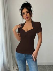 INAWLY 女士纯色心形领荷叶边短袖 T 恤