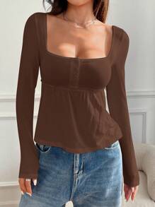 SHEIN EZwear Women Amilitary Green Front Button Long Sleeve Casual Shirt,Fall,Winter