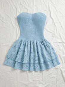 SHEIN Unity 海军蓝度假风褶皱无袖紧身胸衣腰部收紧镂空刺绣荷叶边下摆优雅连衣裙 - 淺藍色 - 查看 3