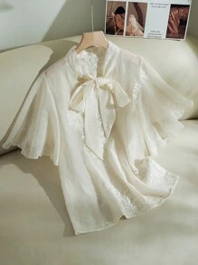 Modelyn Chemisier élégant pour femmes de couleur unie avec broderie florale au col noué, pour l'été - Nude - Voir 1