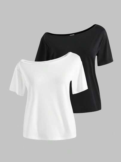 Sparklyn 2pcs/Set Tween Girls Casual Solid Color Asymmetric Collar T-Shirt, Versatile For Summer