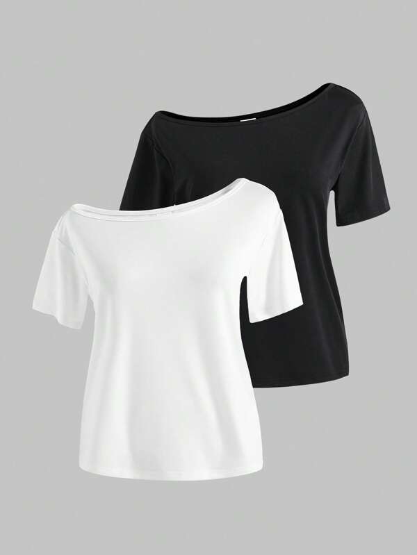 Wildeya 2pcs/Set Tween Girls Casual Solid Color Asymmetric Collar T-Shirt, Versatile For Summer