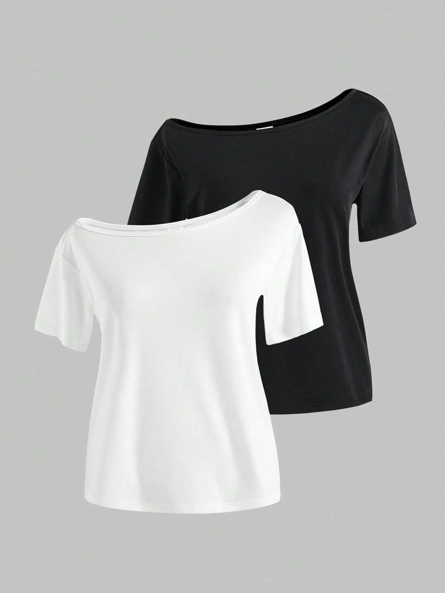 2pcs/Set Tween Girls Casual Solid Color Asymmetric Collar T-Shirt, Versatile For Summer - Multicolor - View 1