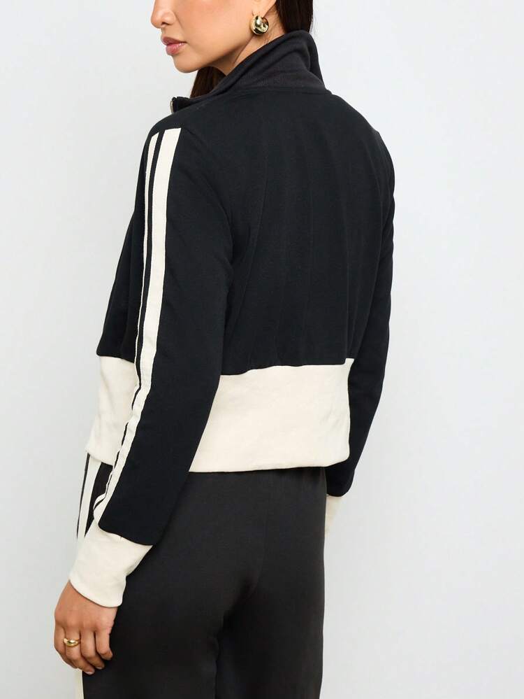 Funnel Neck Zip Up Color Block Side Stripe Sweatshirt