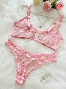 SHEIN 2 件大码浪漫刺绣线装饰性感内衣套装，提拉