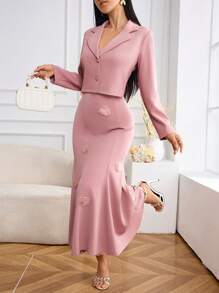 Modelyn 女士 3D 花朵装饰吊带裙和长袖西装外套优雅套装 - 粉色 - 查看 1