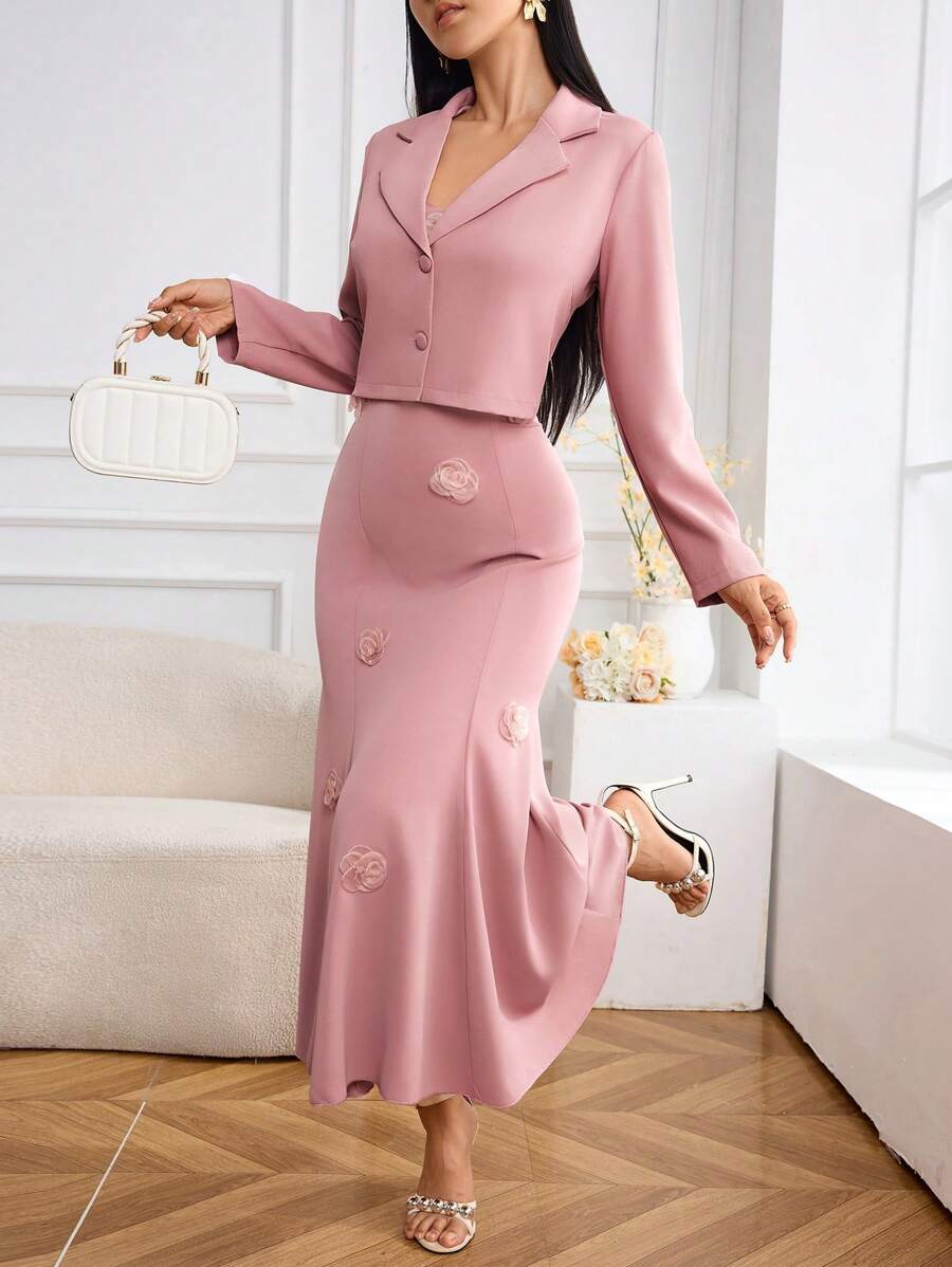 Modelyn 女士 3D 花朵装饰吊带裙和长袖西装外套优雅套装 - 粉色 - 查看 1