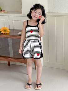 Dazy Kids 少女针织条纹吊带背心和短裤睡衣套装，夏季 - 黑與白 - 查看 3