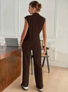 Siren Gaze 女士两件套纹理结饰翻领西装外套和裤子，秋冬休闲装 - 棕色 - 查看 2