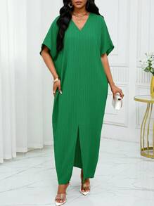 SHEIN Lady Spring And Summer Casual Green Woven Linen Notched Slit Batwing Sleeve Midi Tunic Dress Plus Size Dresses Vacation Outfits Woman Beach Outfits For Woman Beach Vacation Beach Dress Wedding Guest Dress Women Business Casual Woman Prom Dress