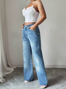 Elenzga Damen Jeans mit mittlerer Leibhöhe, gerader Beinform, Stickerei- und Strass-Verzierung