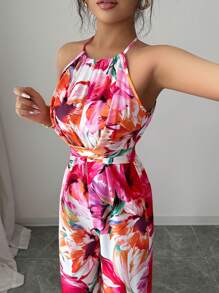 Elenzga Women's Elegant Spaghetti Strap Draped Tied Waist Sleeveless Floral Jumpsuit