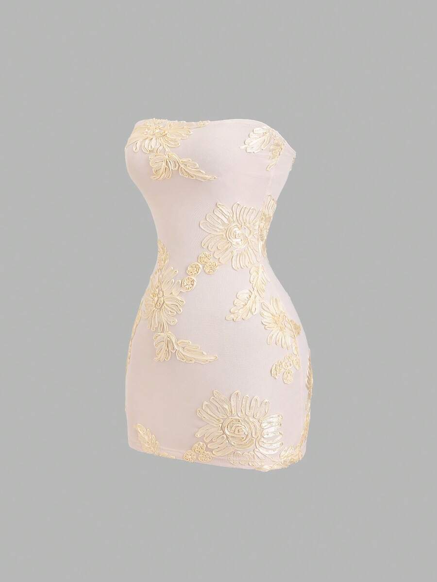 Sweetra Women's Elegant & Delicate Mini Dress In Special Fabric With Mesh Details, Suitable For Spring, Summer, Resort Vacation - Apricot - View 1