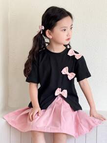 SHEIN 2pcs/Set Girl Summer Versatile Creative Bowknot Decor Round Neck T-Shirt + Pleated Skirt Outfit - Black - View 5