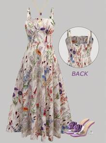 Franclia Plus Size Women's Wide Shoulder Sleeveless Waist Cinched Flared A-Line Floral Vacation Casual Dress