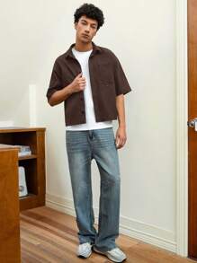 SWAVVY Camisa informal de manga corta holgada tejida para hombre, para la escuela
