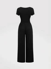 Sweetra 新款时尚办公室休闲搭配女士两件套：短袖宽松阔腿裤 - 黑色 - 查看 2