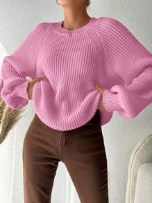 EURMUSE Plus Size Raglan Long Sleeve Crewneck Sweater - Pink - View 1