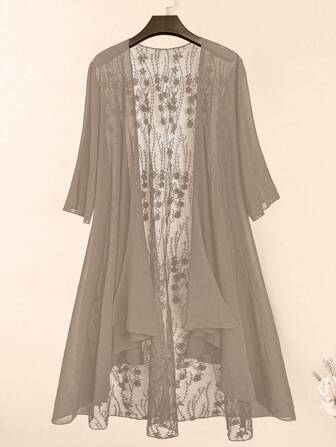 EMERY ROSE 大码女式花卉拼布网眼前开襟宽松长款衬衫