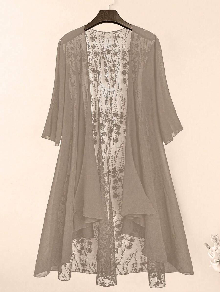 EMERY ROSE Große Größen Damen Bluse mit Blumenmuster, Patchwork, Netzstoff, vorne offen, lockere lange Bluse