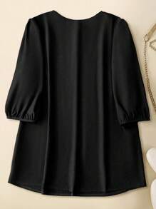 大码女式七分袖前开半扣刺绣领梭织衬衫 - 黑色 - 查看 3