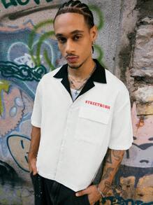 Manfinity Streetrush Camisa de manga corta con botones y estampado de letras y frutas de color contrastante para hombres