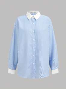 SHEIN Girlism 三件套：蓝白撞色宽松衬衫、松紧腰撞色短裤和纯白色工字背心，适合青少年女孩的舒适休闲装，适合春夏秋季 - 藍白色 - 查看 14