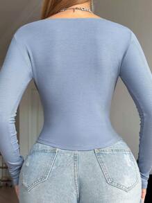 Women's Solid Color Undershirt, Long Sleeves, Square Neck, Minimalist And Comfortable - 藍霧 - 查看 2