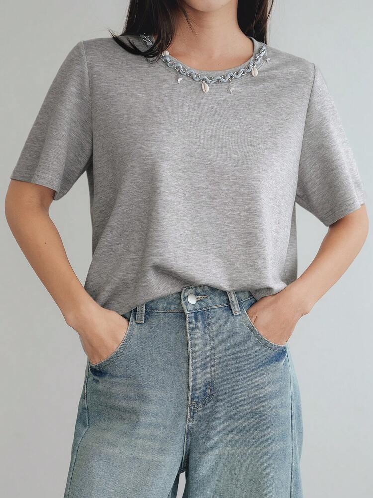 Summer Loose Business Casual Chain & Beaded 3D Decor Short Sleeve T-Shirt For Women,Teacher